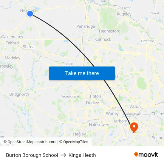 Burton Borough School to Kings Heath map
