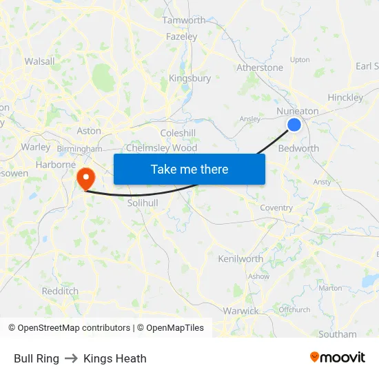 Bull Ring to Kings Heath map