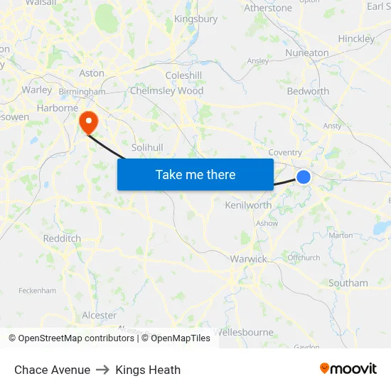 Chace Avenue to Kings Heath map