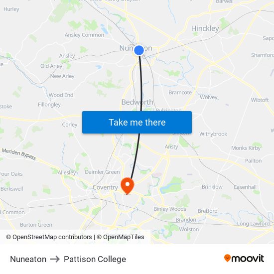 Nuneaton to Pattison College map