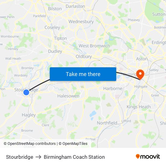 Stourbridge to Birmingham Coach Station map