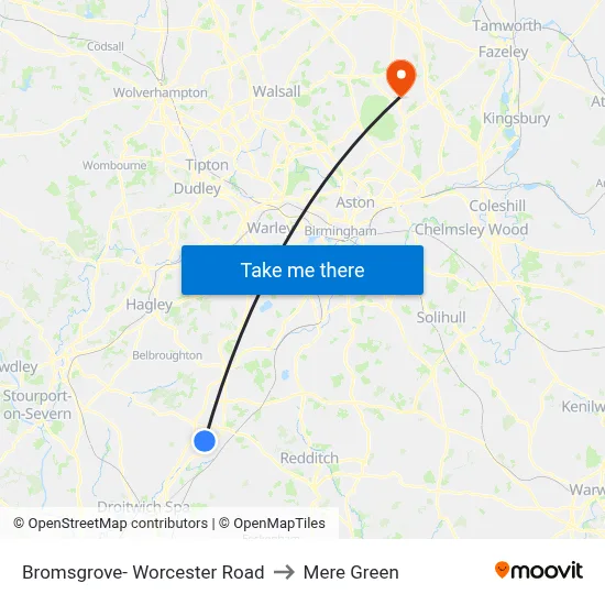 Bromsgrove- Worcester Road to Mere Green map