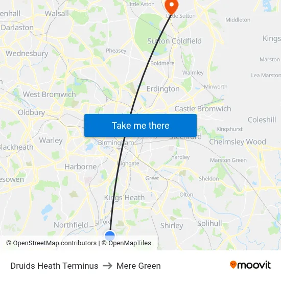 Druids Heath Terminus to Mere Green map