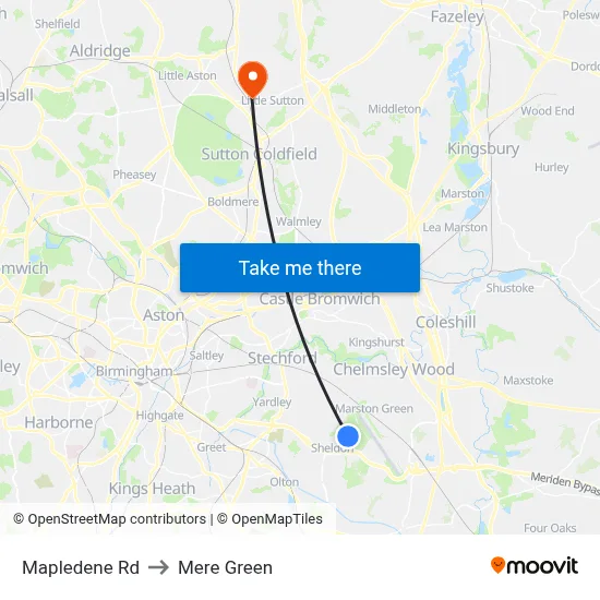 Mapledene Rd to Mere Green map