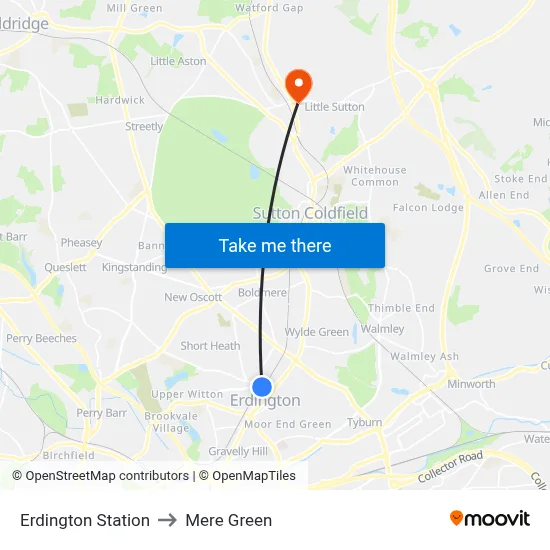 Erdington Station to Mere Green map