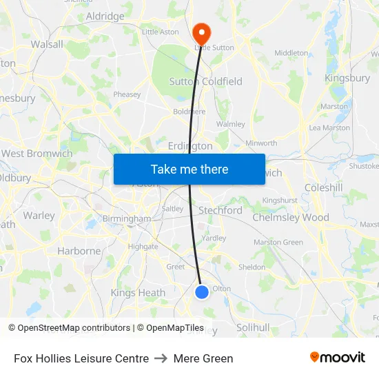 Fox Hollies Leisure Centre to Mere Green map
