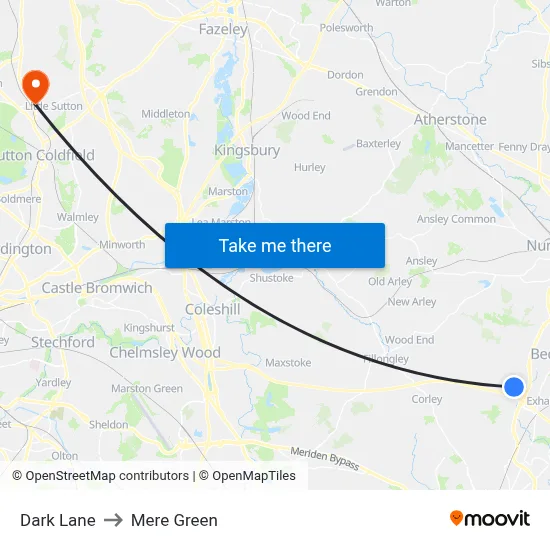 Dark Lane to Mere Green map