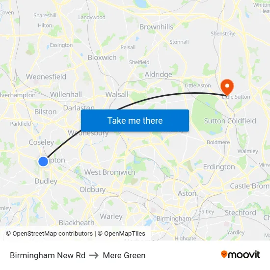 Birmingham New Rd to Mere Green map