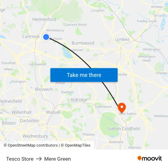 Tesco Store to Mere Green map