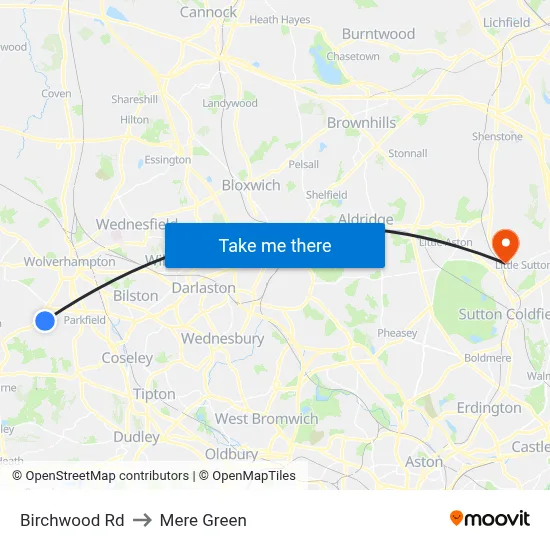 Birchwood Rd to Mere Green map