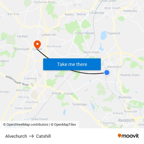 Alvechurch to Catshill map