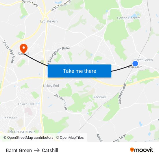 Barnt Green to Catshill map