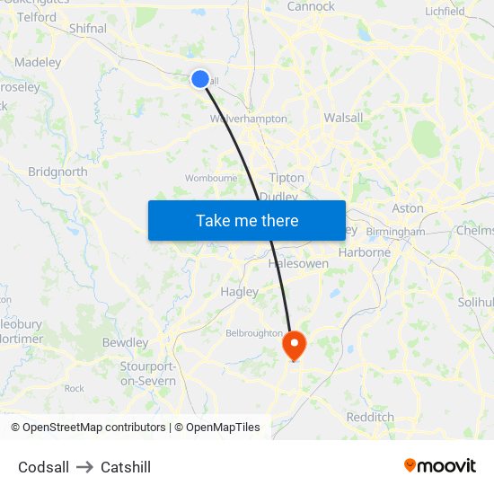 Codsall to Catshill map