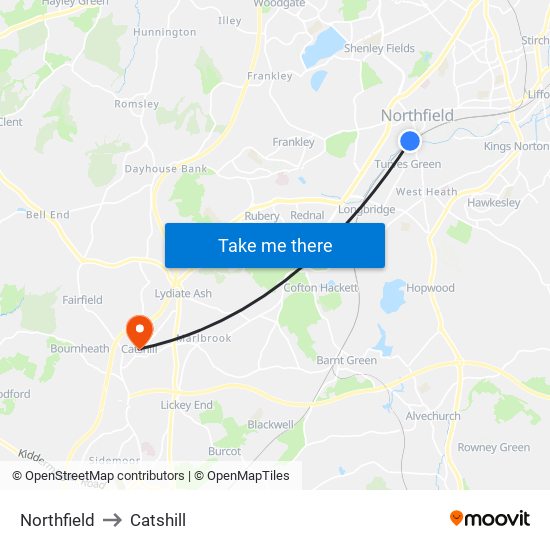 Northfield to Catshill map