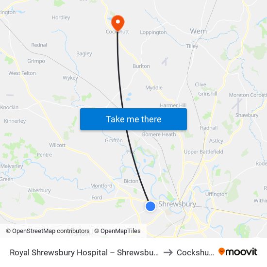 Royal Shrewsbury Hospital – Shrewsbury to Cockshutt map
