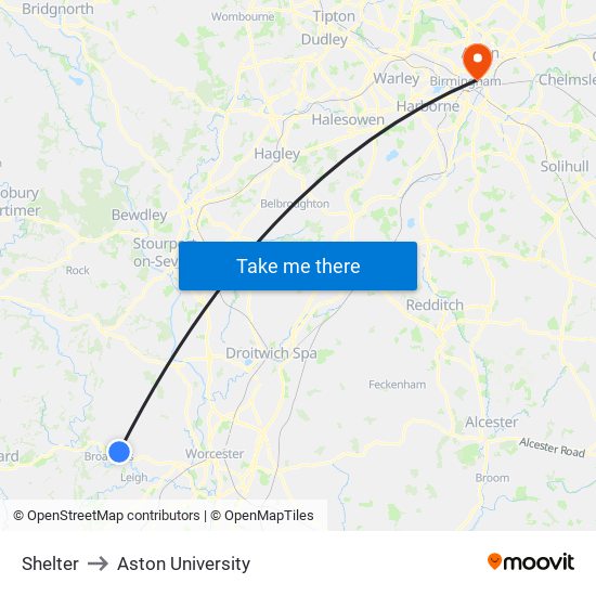 Shelter to Aston University map