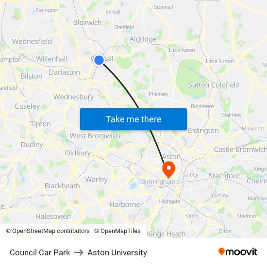 Council Car Park to Aston University map