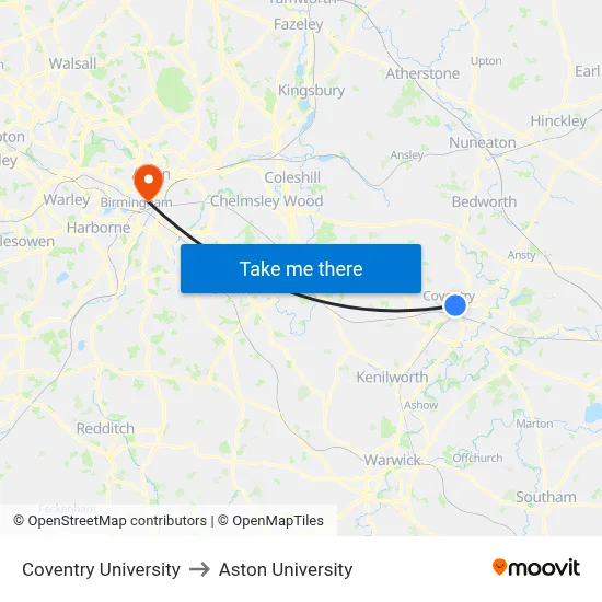 Coventry University to Aston University map