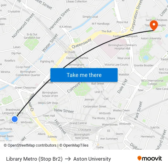 Library Metro (Stop Br2) to Aston University map