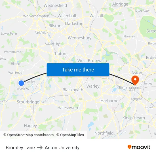 Bromley Lane to Aston University map