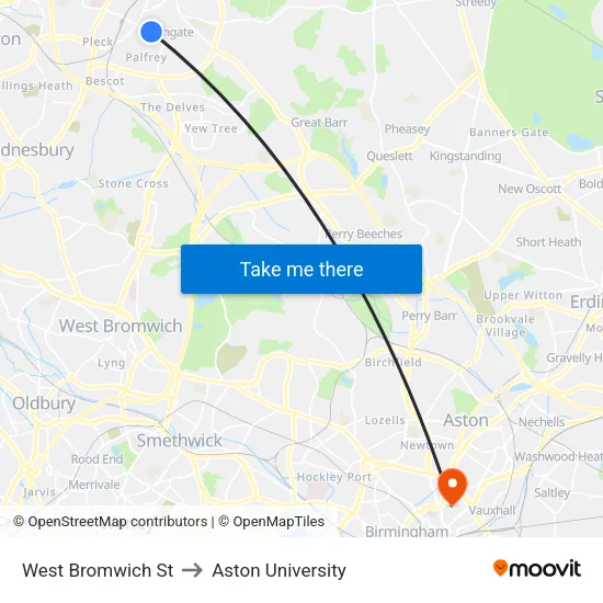 West Bromwich St to Aston University map