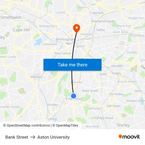 Bank Street to Aston University map