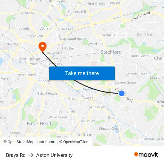 Brays Rd to Aston University map
