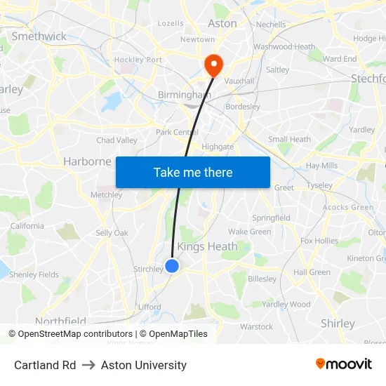 Cartland Rd to Aston University map