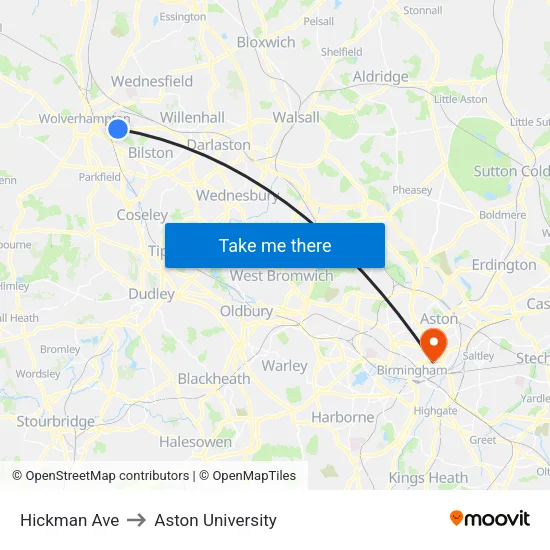 Hickman Ave to Aston University map