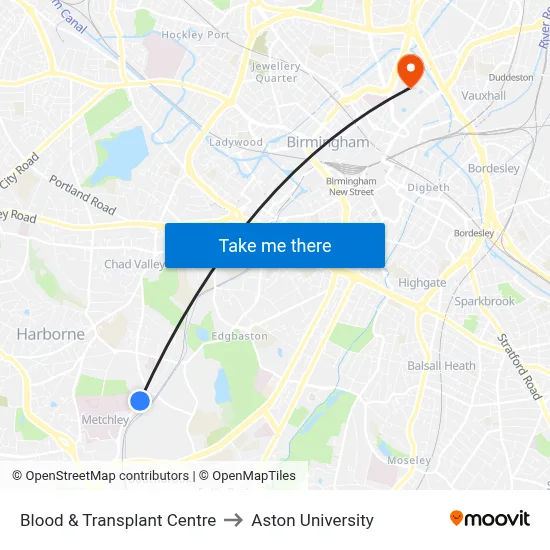 Blood & Transplant Centre to Aston University map