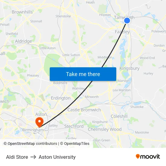 Aldi Store to Aston University map
