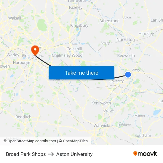 Broad Park Shops to Aston University map