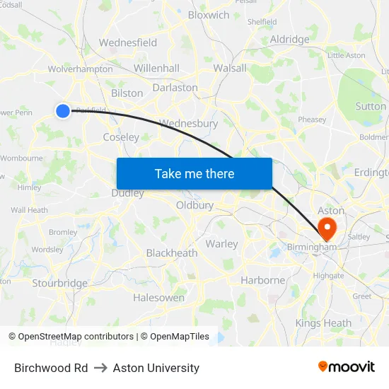 Birchwood Rd to Aston University map