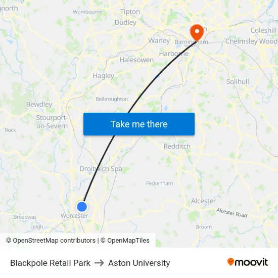 Blackpole Retail Park to Aston University map