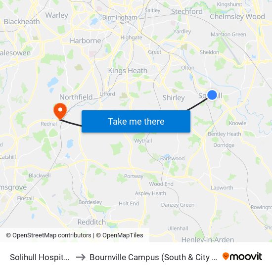 Solihull Hospital – Solihull to Bournville Campus (South & City College Birmingham) map