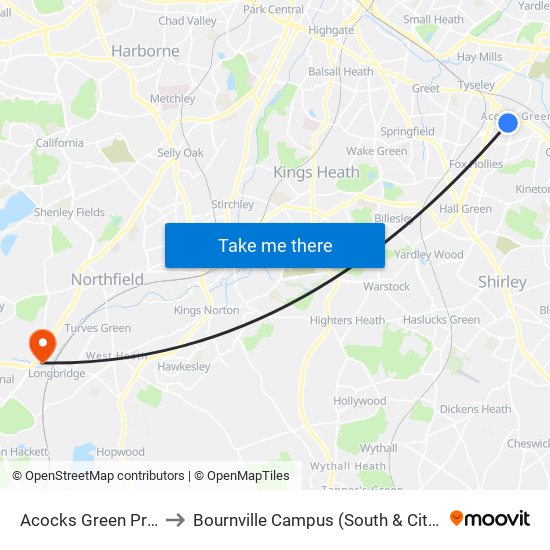 Acocks Green Primary School to Bournville Campus (South & City College Birmingham) map
