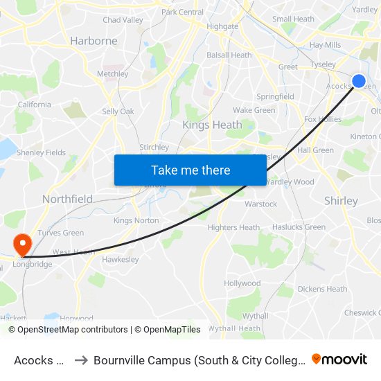 Acocks Green to Bournville Campus (South & City College Birmingham) map