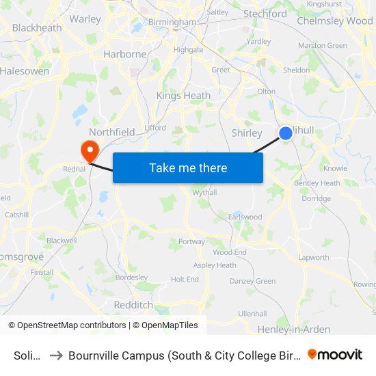 Solihull to Bournville Campus (South & City College Birmingham) map