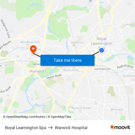 Royal Leamington Spa to Warwick Hospital map