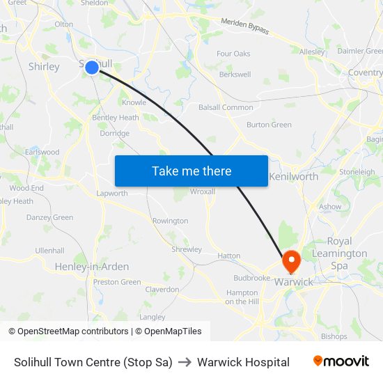 Solihull Town Centre (Stop Sa) to Warwick Hospital map