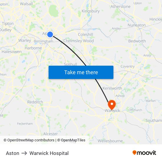 Aston to Warwick Hospital map