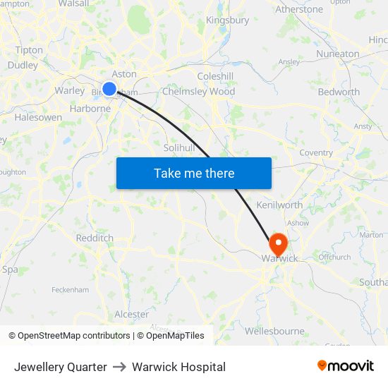 Jewellery Quarter to Warwick Hospital map