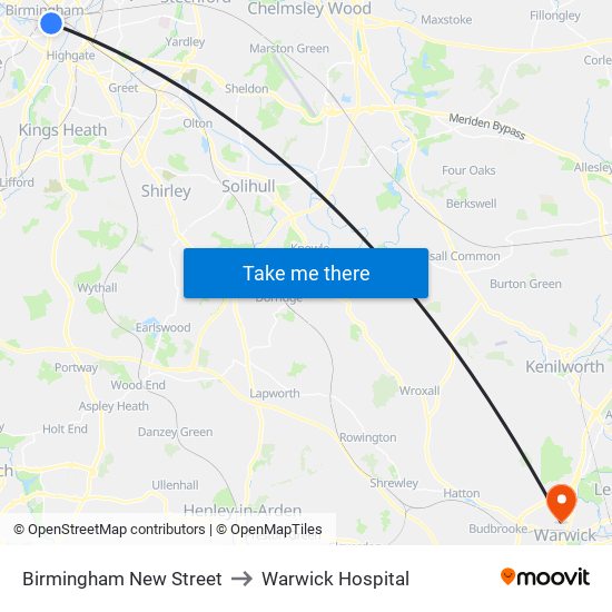 Birmingham New Street to Warwick Hospital map