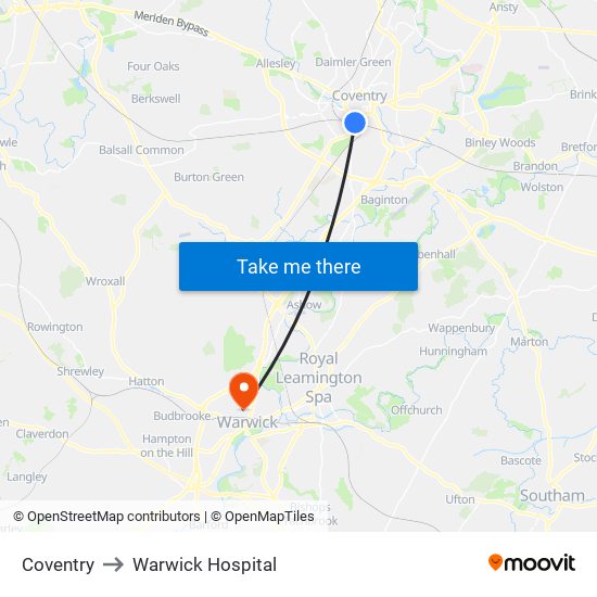 Coventry to Warwick Hospital map