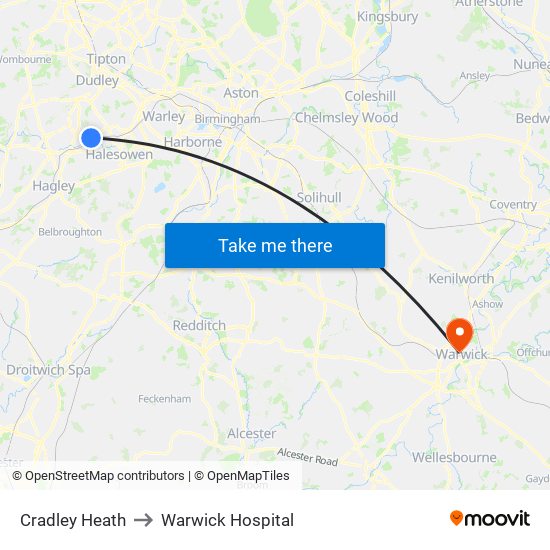 Cradley Heath to Warwick Hospital map