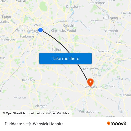 Duddeston to Warwick Hospital map