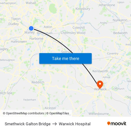 Smethwick Galton Bridge to Warwick Hospital map