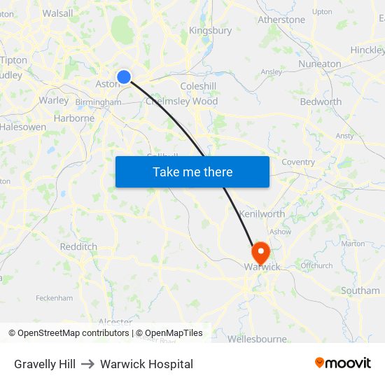 Gravelly Hill to Warwick Hospital map