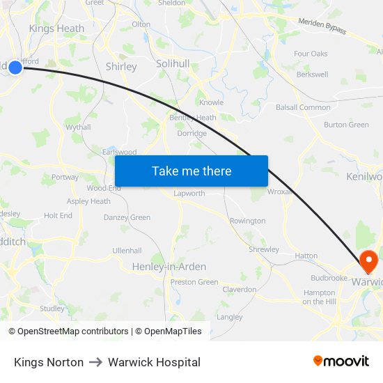 Kings Norton to Warwick Hospital map