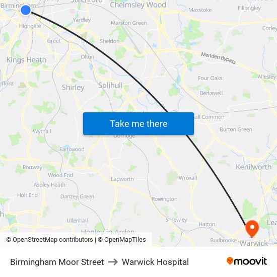 Birmingham Moor Street to Warwick Hospital map